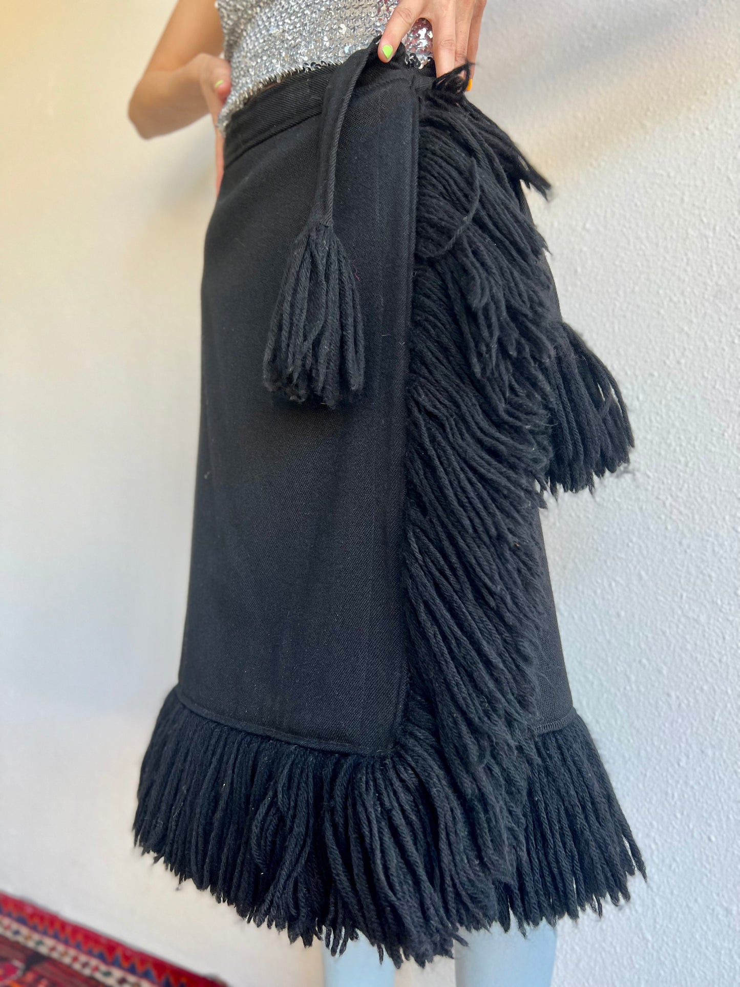 1960s Geoffrey Beene Bazaar Fringe Wool Wrap Skirt