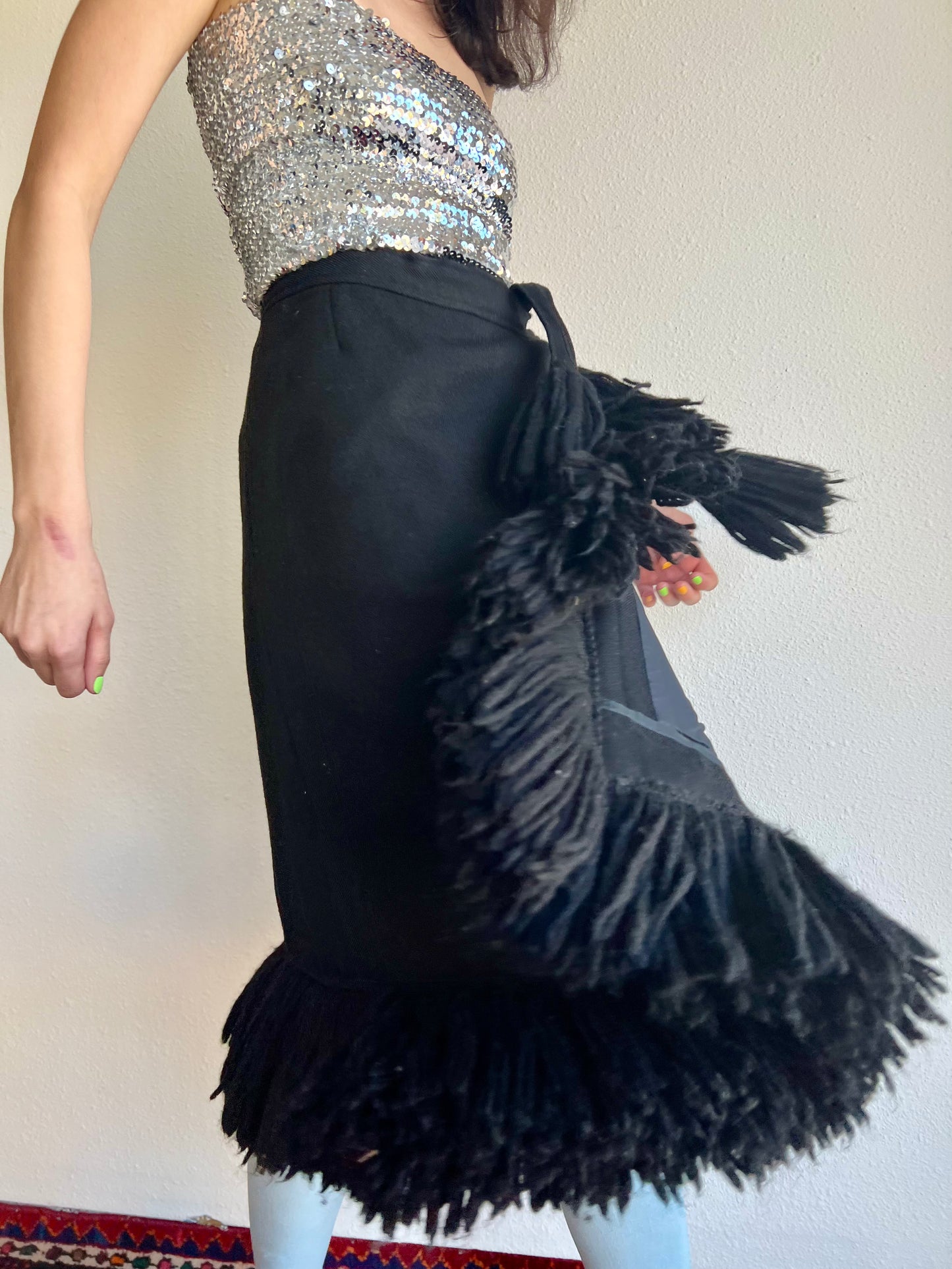 1960s Geoffrey Beene Bazaar Fringe Wool Wrap Skirt