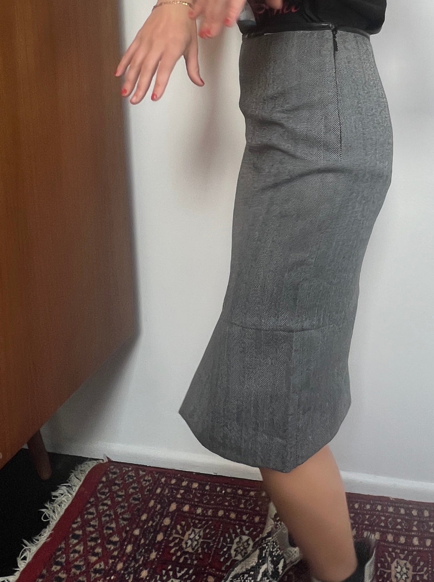 Fall 2000 Tom Ford for Gucci Herringbone + Leather Pencil Skirt