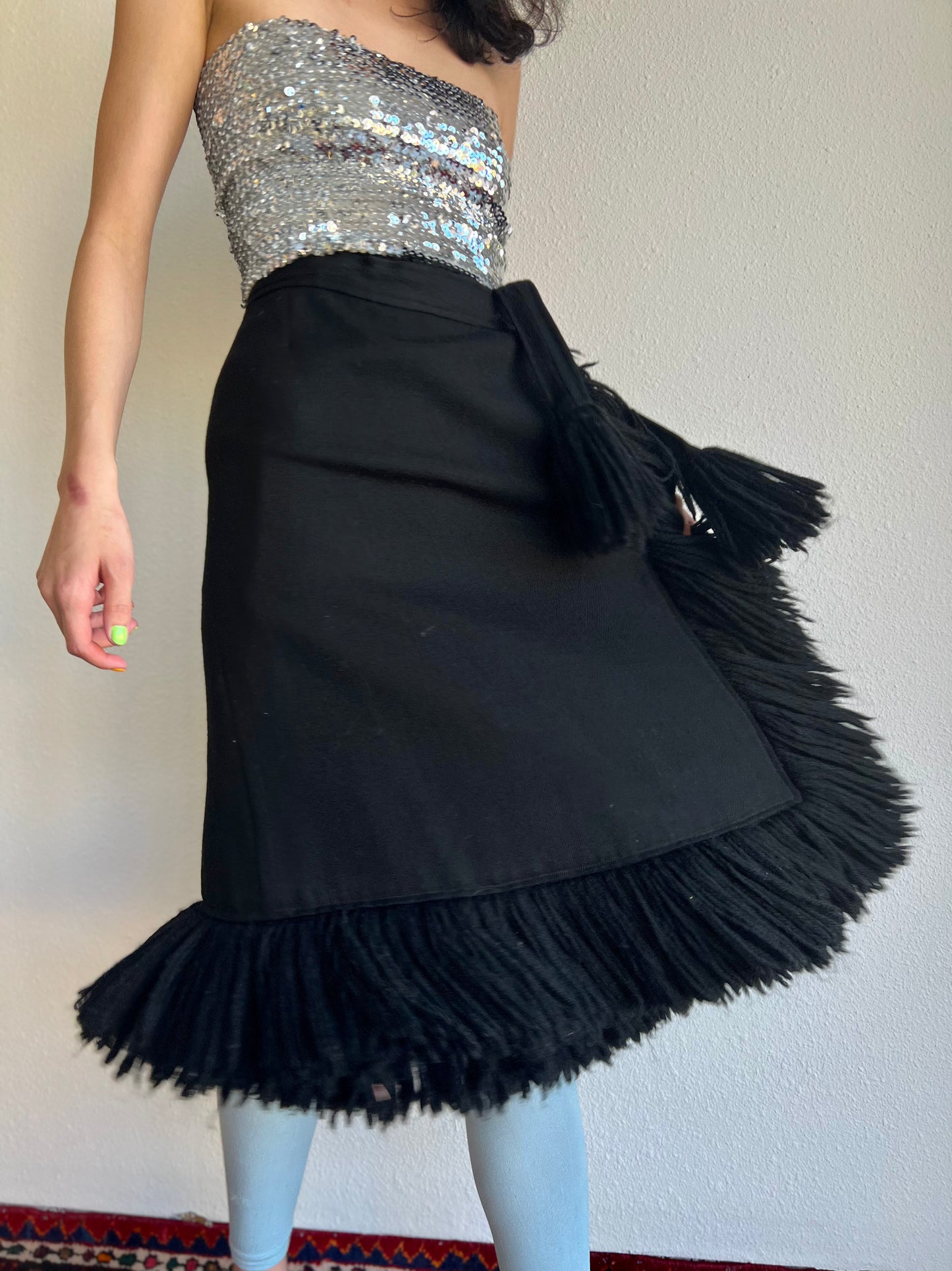 1960s Geoffrey Beene Bazaar Fringe Wool Wrap Skirt