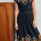Gorgeous 1940s Hand Embroidered Black Crepe Skirt and Top Set