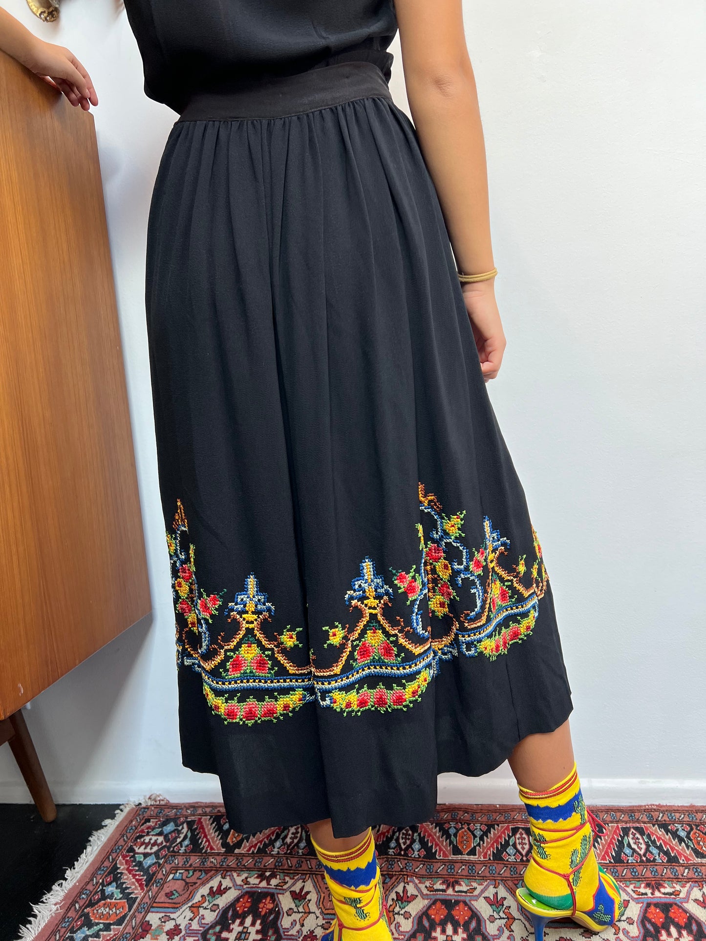 Gorgeous 1940s Hand Embroidered Black Crepe Skirt and Top Set