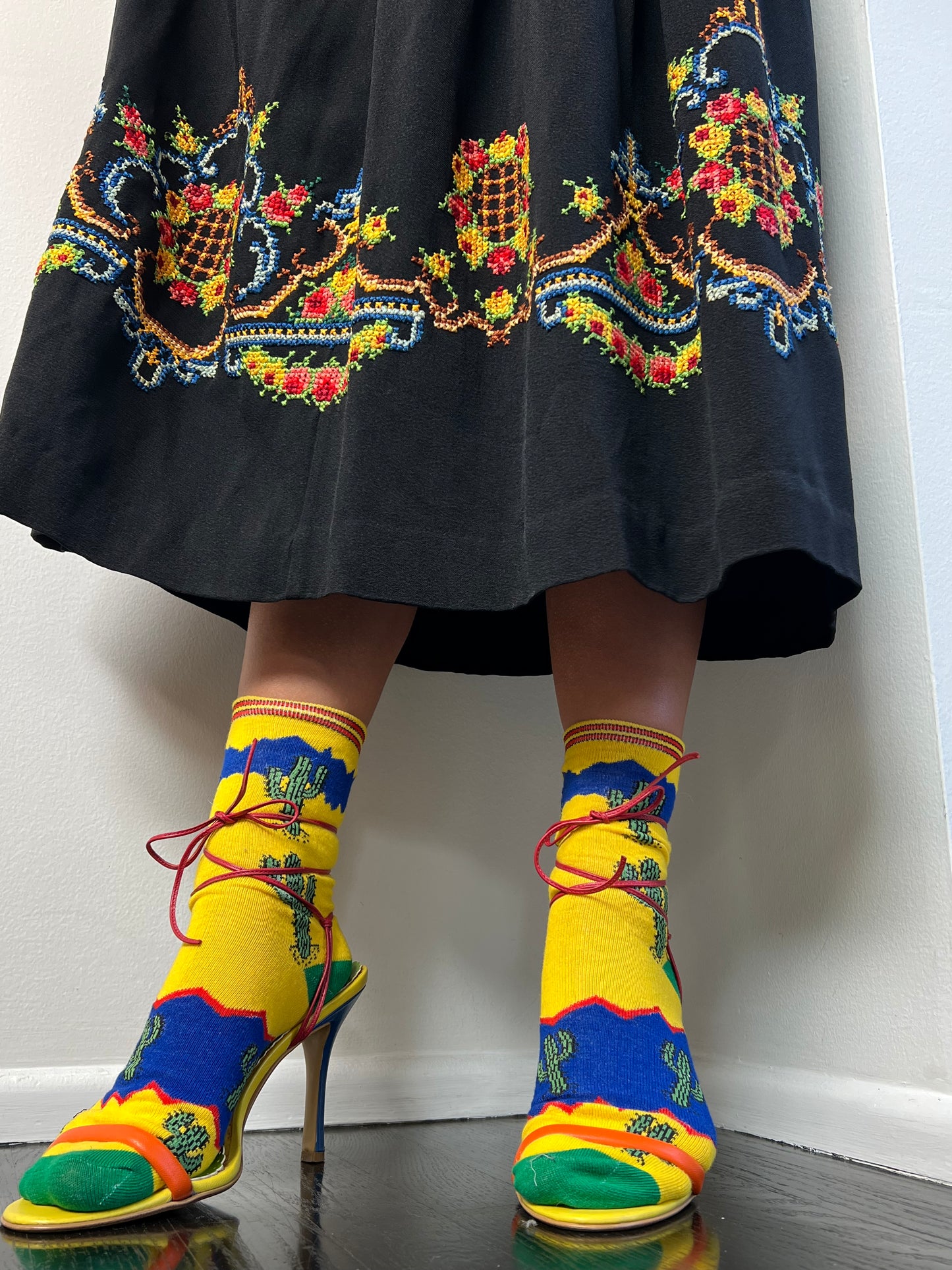 Gorgeous 1940s Hand Embroidered Black Crepe Skirt and Top Set