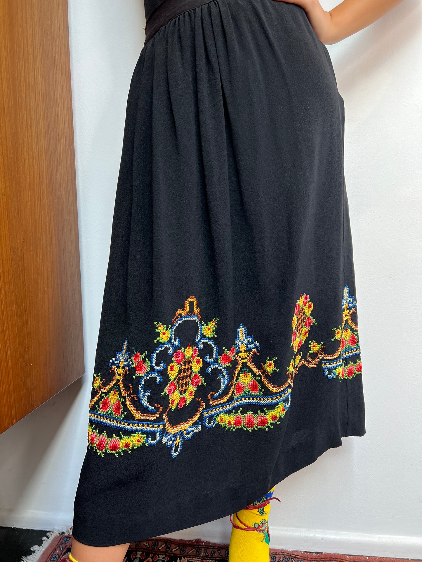 Gorgeous 1940s Hand Embroidered Black Crepe Skirt and Top Set