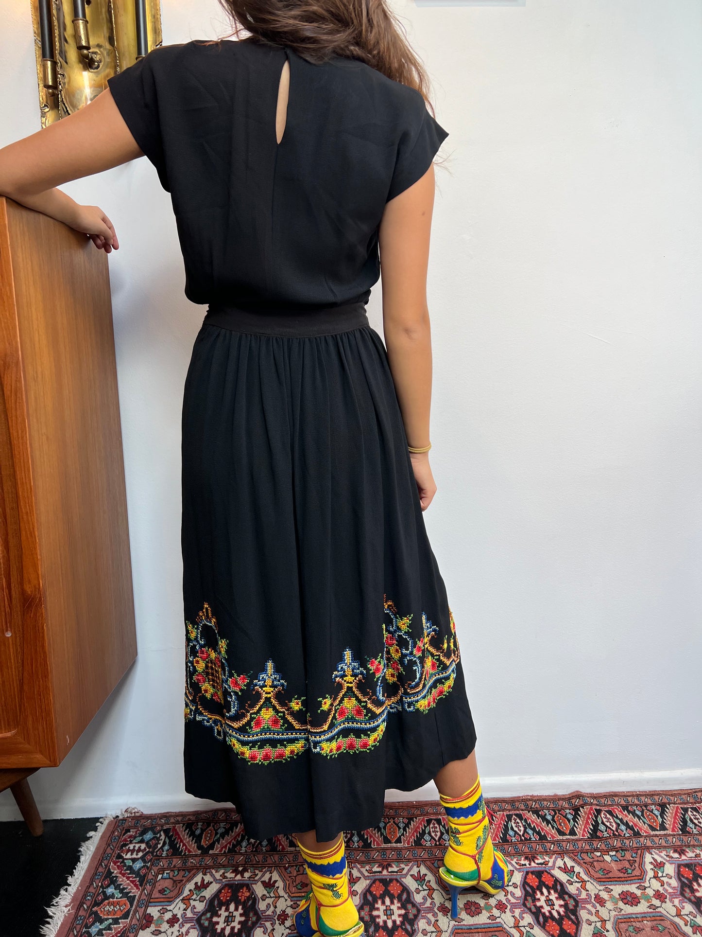 Gorgeous 1940s Hand Embroidered Black Crepe Skirt and Top Set