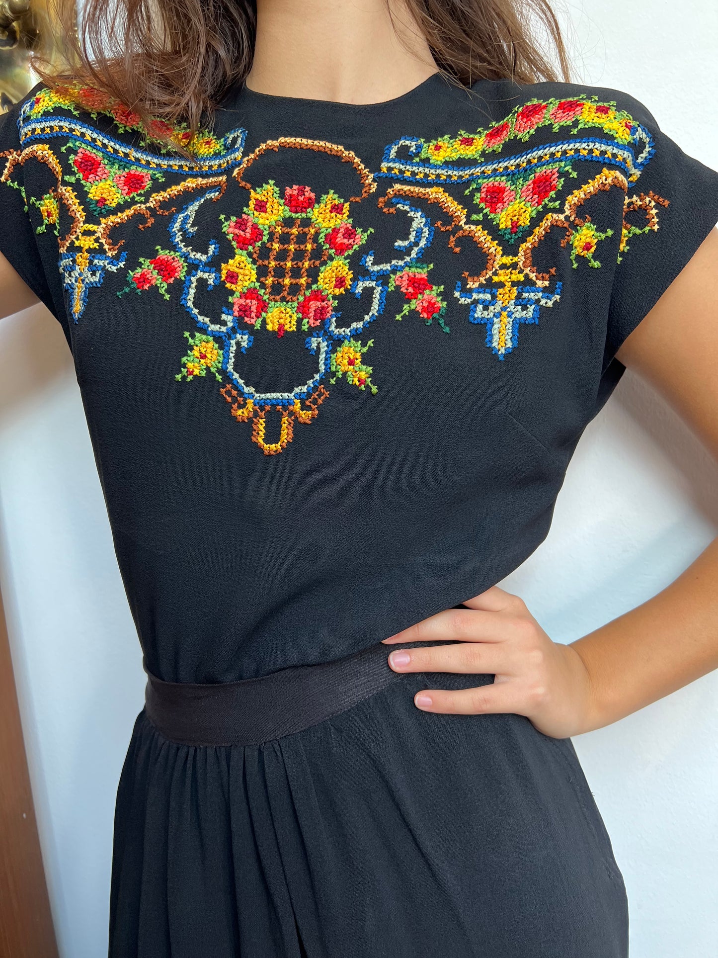 Gorgeous 1940s Hand Embroidered Black Crepe Skirt and Top Set