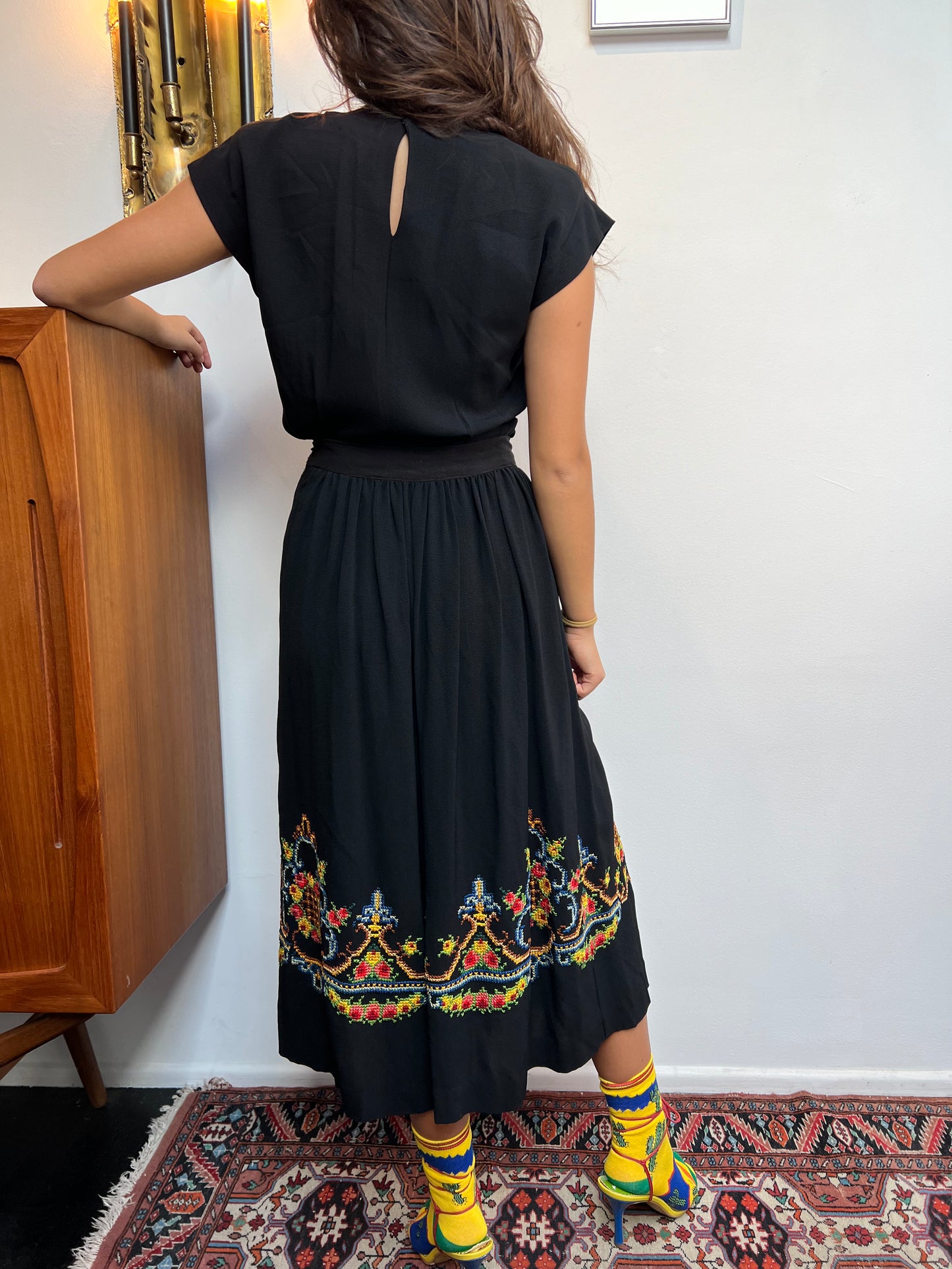 Gorgeous 1940s Hand Embroidered Black Crepe Skirt and Top Set