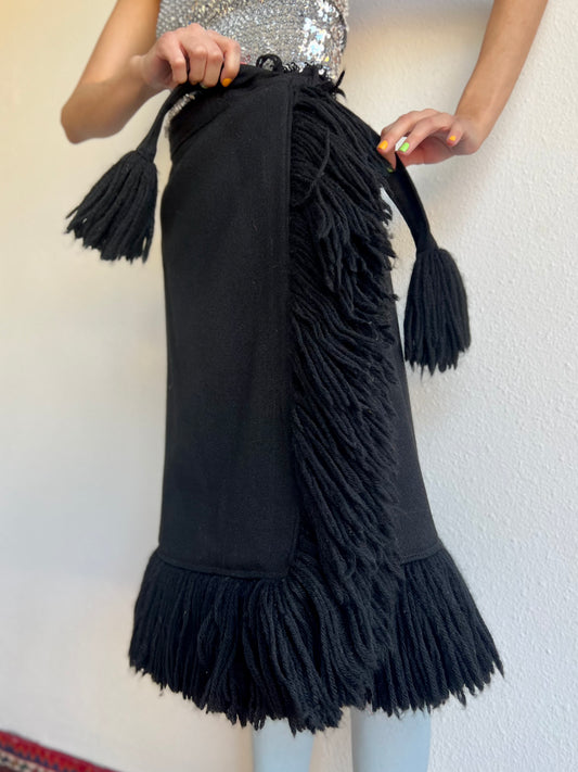 1960s Geoffrey Beene Bazaar Fringe Wool Wrap Skirt